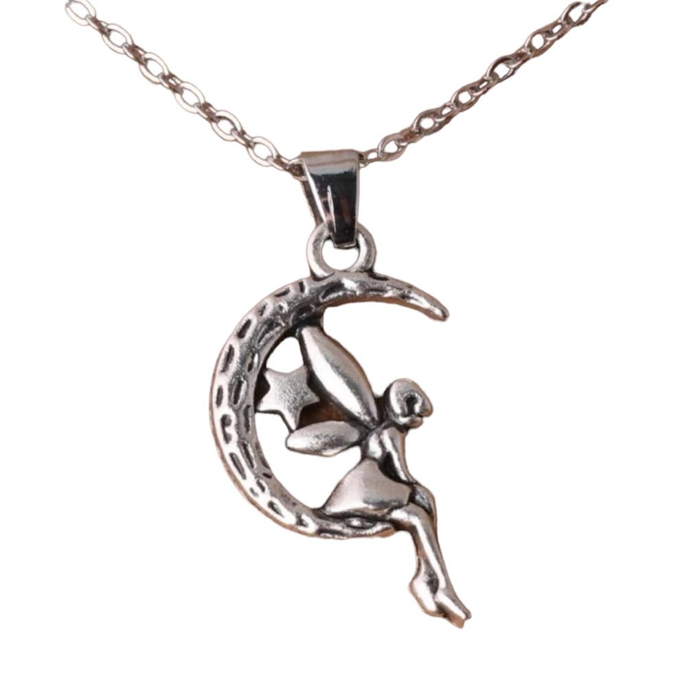 Silver Moon with Sitting Fairy Charm Necklace